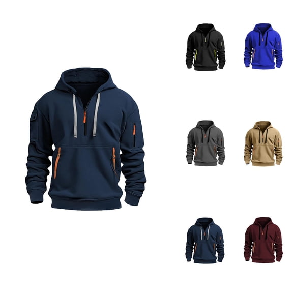 Men's 1/4 Zip Up Long Sleeve Hoodie – Solid Color Casual Pullover Sweatshirt for Spring, Autumn & Winter with Pockets, Plus Size Available