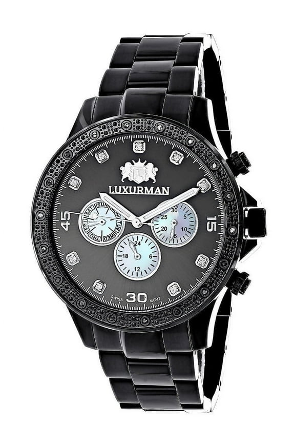 Men's 1/4ct TDW Black Diamond Watch with Metal Band and Extra Leather Straps