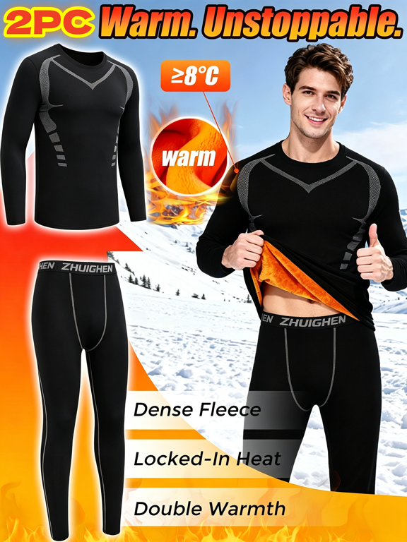 Men's 1-Pack Fleece Lined Thermal Compression Athletic Outfit Sets, Long Sleeve Tops & Pants Winter Warm Long Johns Underwear for Skiing Running Hunting Gym