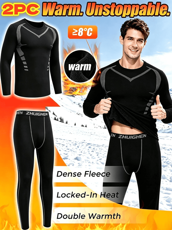 Men's 1-Pack Fleece Lined Thermal Compression Athletic Outfit Sets, Long Sleeve Tops & Pants Winter Warm Long Johns Underwear for Skiing Running Hunting Gym