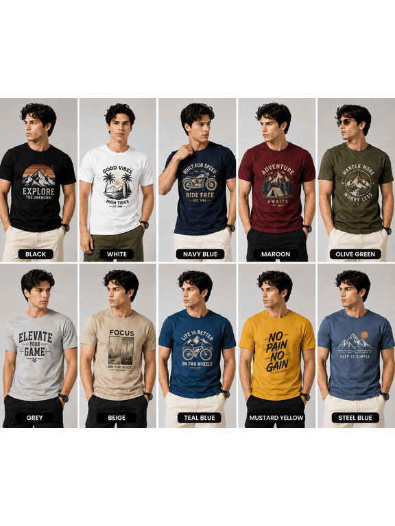 Men's 10 Pack Graphic Crew Neck T-Shirts | Cotton Polyester Blend | Assorted Colors & Printed Designs | Soft, Breathable, Machine Washable