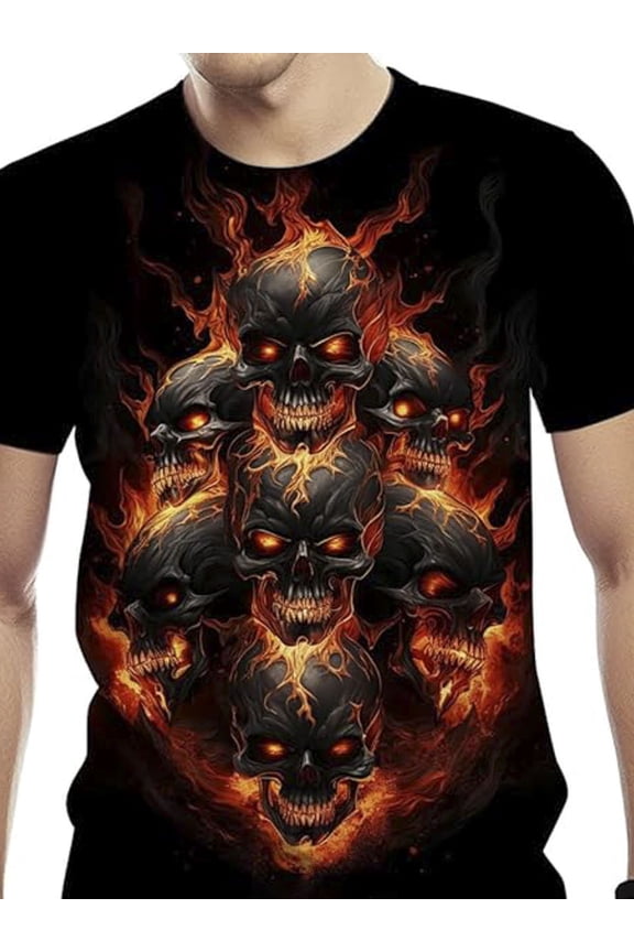 Men's 100% Cotton 180gsm Black Graphic T-Shirt - Bold Flame Skull Print, Loose Fit Casual Streetwear, Machine Washable Round Neck Tee for Casual Attire, Streetwear Fashion, Trendy Casual Top,