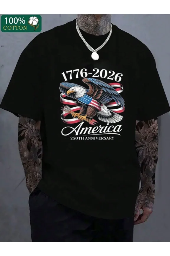 Men's 100% Cotton American Eagle 250th Anniversary T-Shirt 1776-2026 USA Patriotic Graphic Tee Black