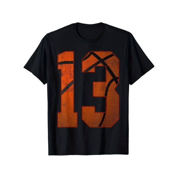 Men's 100% Cotton Basketball-Themed T-Shirt, Black with Orange "13" Print, Crew Neck, Short Sleeve - Ideal for 13th Birthday Parties & Sports Events, Durable & Breathable, Sizes S-XXXL