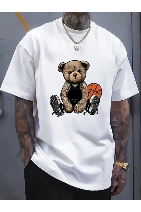 Men's 100% Cotton Bear Graphic Print T-shirt, Short Sleeve Crew Neck Tee, Men's Clothing For Summer Outdoor