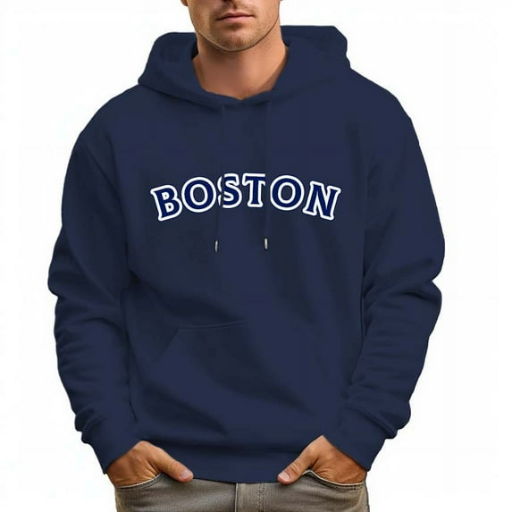 Men's 100% Cotton Blue BOSTON Hoodie 330g Thick Pocket Hood