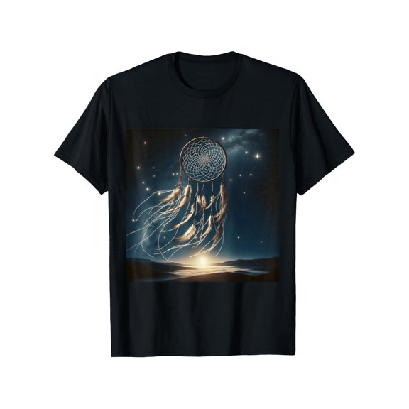 Men's 100% Cotton Bohemian Style Dreamcatcher Pattern T-Shirt - Black Casual T-Shirt, Cosmic Mythology Design, Soft and Lightweight 180g Fabric, Perfect Gift for Friends, Family, or Couples