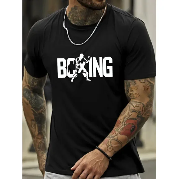 Men's 100% Cotton Boxing Graphic Print T-Shirt - Streetwear Regular Fit Short Sleeve Tee, Breathable All-Season Casual Shirt for Gym, Camping & Outdoor Activities - Machine