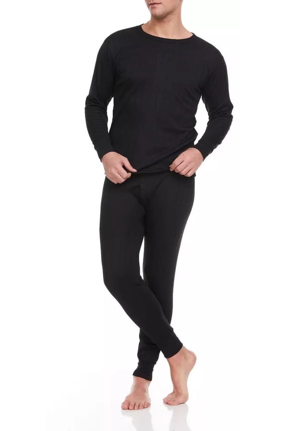 Men's Cotton Blend Brushed Lined Thermal Top & Bottom Underwear Set, Black, Large