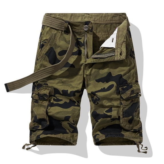 Men's 100% Cotton Camo Cargo Shorts, Multi Pockets Casual Work Shorts with Belt, Loose Fit Outdoor Knee‑Length Shorts