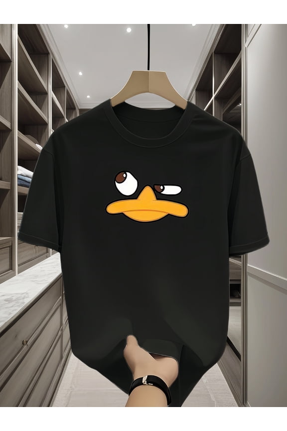 Men's 100% Cotton Casual T-Shirt with Cartoon Duck Graphic Print - Soft Breathable Round Neck Short Sleeve Tee for Casual Attire, Machine Washable All-Season Comfort, Leisure Clothing, Playful Design