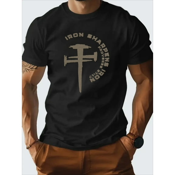 Men's 100% Cotton Casual T-Shirt - Iron Sharpens Iron Cross Design, Comfortable Short Sleeve Tee for Summer, Daily Wear & Outdoor Activities, Minimalist Black Graphic Tee,