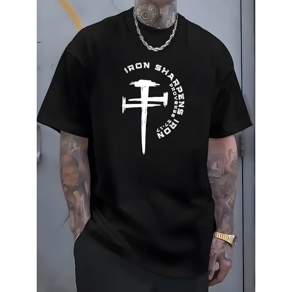 Men's 100% Cotton Casual T-Shirt - "Iron Sharpens Iron" Graphic, Breathable & Machine Washable, Round Neck Short Sleeve Tee for Everyday & Outdoor Activities