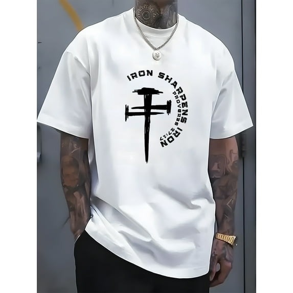 Men's 100% Cotton Casual T-Shirt - "Iron Sharpens Iron" Graphic, Breathable & Machine Washable, Round Neck Short Sleeve Tee for Everyday & Outdoor Activities