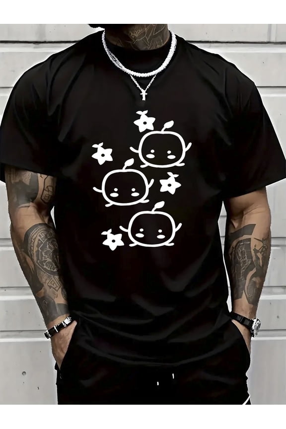 Men's 100% Cotton Casual T-Shirt with Cute Cartoon Apple Print - Breathable Lightweight Short Sleeve Round Neck Tee for Gym, Outdoor & Summer Wear