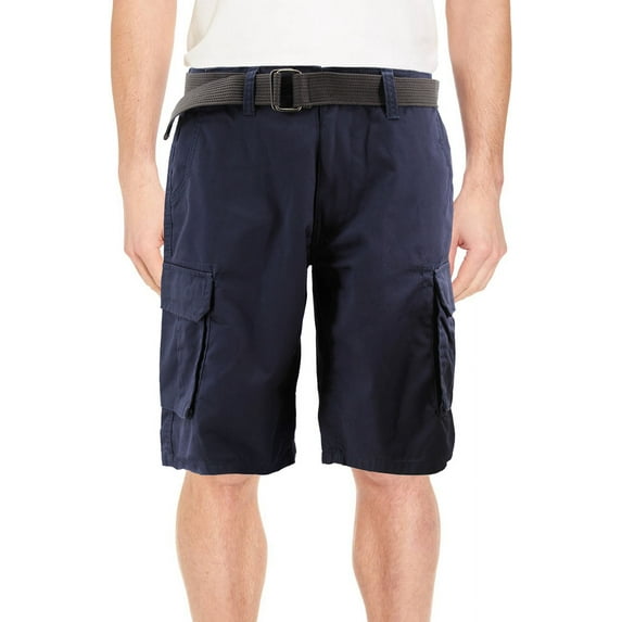 Men's 100% Cotton Classic Fit Woven Belt Multi Pocket Casual Cargo Shorts (Navy, 42)