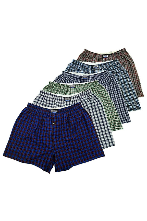 Men’s Knit Cotton Boxer Shorts Underpants with Button Fly, Bright Plaid Assorted, M, 6-Pack
