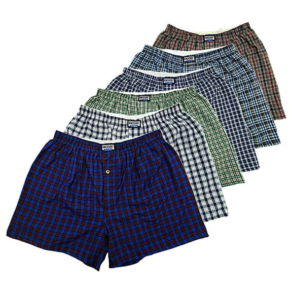 Couver Men’s Knit Cotton Boxer Shorts Underpants with Button Fly, Bright Plaid Assorted, M, 6-Pack