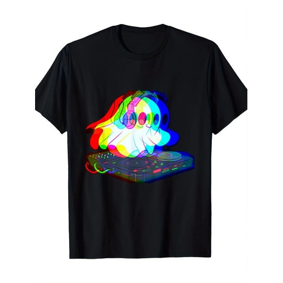 Men's 100% Cotton DJ Neon Graphic T-Shirt – Vibrant Techno Rave Design, Short Sleeve, Round Neck, Machine Washable, Black Casual Streetwear for Halloween, Music Festivals & Parties, Party Attire