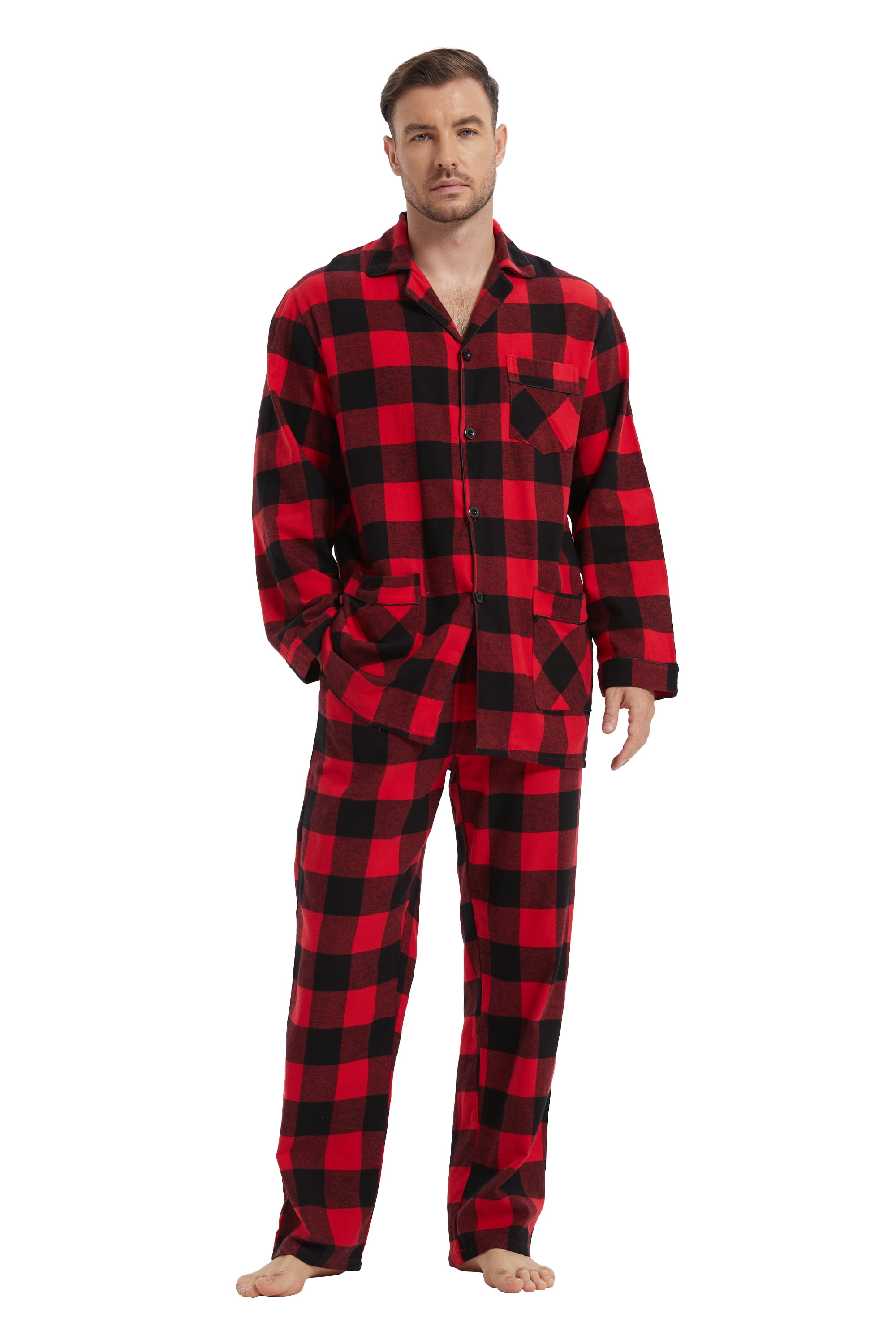 kolipajam Pyjamaset voor heren van 100% katoenen flanel, geverfd garen, comfortabel, broek met zakken, tailleband met trekkoord, winterpyjama voor heren, S