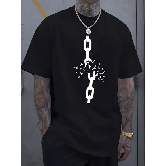 Men's 100% Cotton Graphic T-Shirt with Broken Iron Chain Print - Breathable Regular Fit Short Sleeve Tee for Running, Outdoor & Casual Wear - All-Season Comfort, Machine Washable, Holiday Gift