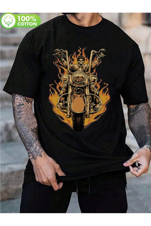 Men's 100% Cotton Graphic T-Shirt - Fiery Skeleton Motorcycle Design, Breathable Crew Neck Regular Fit Tee for Casual Wear, Outdoor Activities & Gym | Spring Summer Fall Essential,