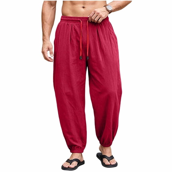 Men's 100% Cotton Harem Pants Baggy Beach Hippie Trousers with Pocket | Aladdin Hippie, Loose Fit, Elastic Waist, Boho Pants Wine
