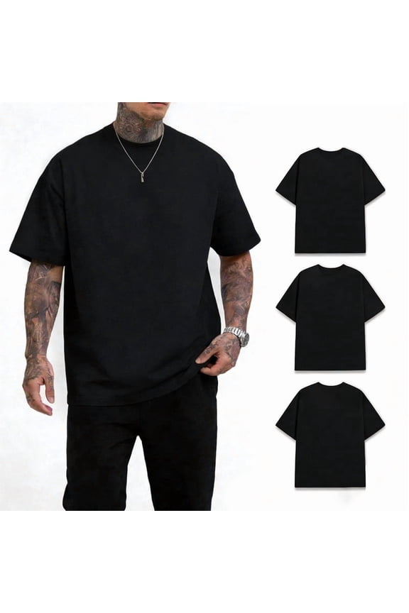 Men's 100% Cotton Heavyweight T-Shirt Black 180GSM, Crew Neck Solid Basic Casual Tee, Soft Durable Shirts S-3XL, 3 Pack