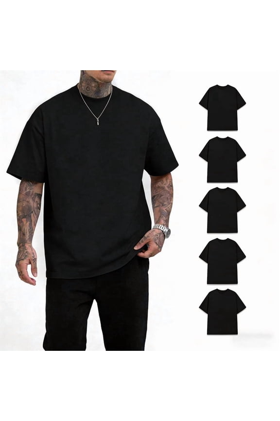 Men's 100% Cotton Heavyweight T-Shirt Black 180GSM, Crew Neck Solid Basic Casual Tee, Soft Durable Shirts S-3XL, 5 Pack
