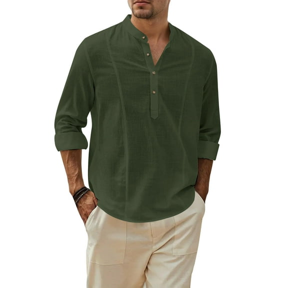 Men's 100% Cotton Henley Shirt: 3/4 Roll - Up Sleeves, Breathable for Beach & Casual Outings