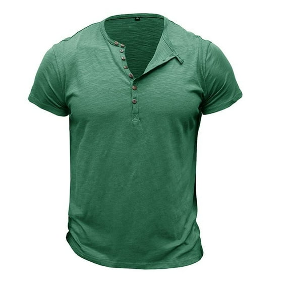 Men's 100 Cotton Henley Shirt Lightweight Tees Soft Short Sleeve T-Shirt Solid Summer Slim Fit Top Fashion Casual Green X-Large