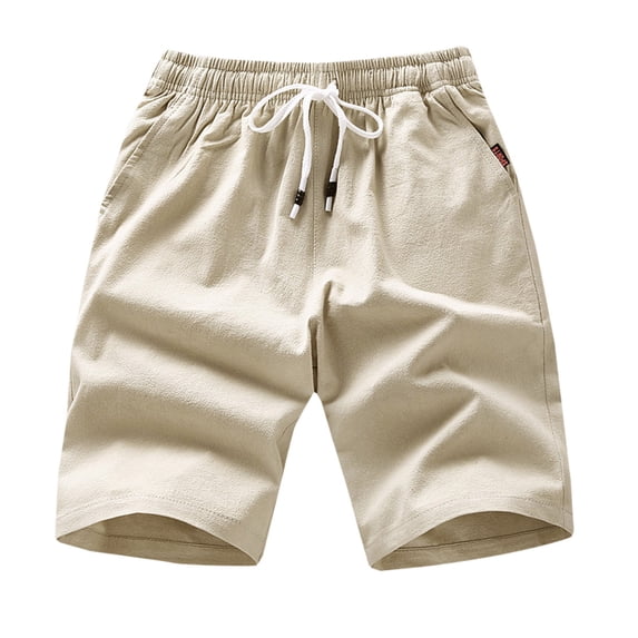 Men's 100% Cotton Linen Shorts, Thin Casual Breathable Lightweight Drawstring Shorts 9 Inch Inseam Elastic Waist Short Pants with Pockets Khaki