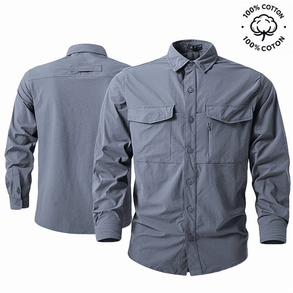 Men Long Sleeve Utility Button Down Shirts, Multi Chest Pocket Relaxed Fit Outdoor Work Tactical Shirts