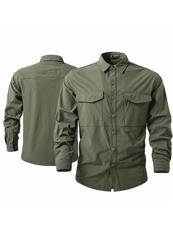 Men Long Sleeve Utility Button Down Shirts, Multi Chest Pocket Relaxed Fit Outdoor Work Tactical Shirts