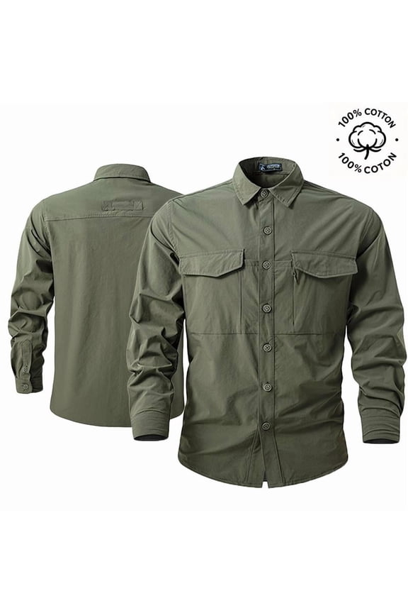 Men's 100% Cotton Long Sleeve Button Down Shirt, Casual Utility Work Shirt with Multi Pockets