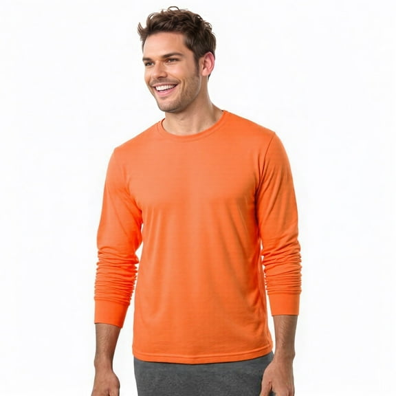 Men's Long Sleeve Crew Neck Ribbed Cuff Solid Tee/T-Shirt , Neon Orange L, 1 Pack