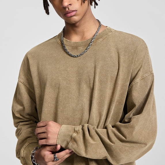 Men’s 100% Cotton Long-Sleeve T-Shirt – Heavyweight Washed Distressed Tee, Soft Pure Cotton Base Layer Top for Men & Women