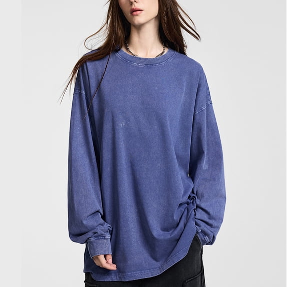 Men’s 100% Cotton Long-Sleeve T-Shirt – Heavyweight Washed Distressed Tee, Soft Pure Cotton Base Layer Top for Men & Women
