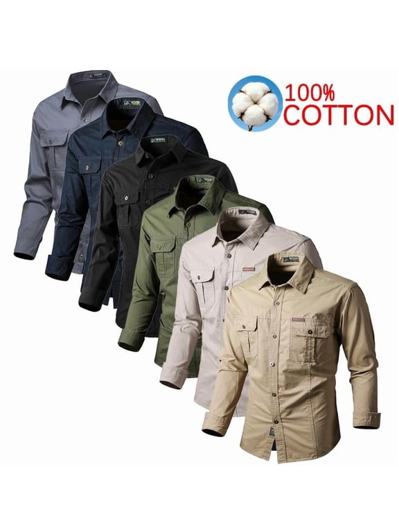 Men's 100% Cotton Long Sleeve Work Shirt, Casual Button-Down Utility Shirt with Multi Pockets