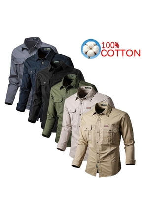 Men's 100% Cotton Long Sleeve Work Shirt, Casual Button-Down Utility Shirt with Multi Pockets
