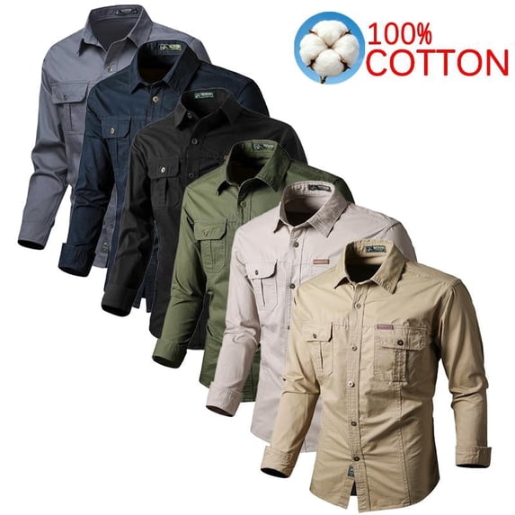 Men's 100% Cotton Long Sleeve Work Shirt, Casual Button-Down Utility Shirt with Multi Pockets