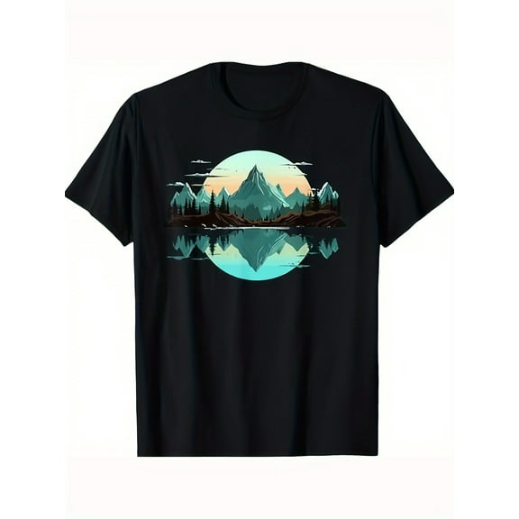 Men's 100% Cotton Mountain Scenery Reflective Forest Graphic T-Shirt - Casual Crew Neck Short Sleeve Tee with Snow-Capped Peaks & Pine Trees Design, Perfect Gift for Dad & Friends, Black, Sizes S-XXX