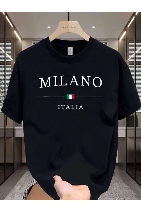 Men's 100% Cotton Navy Blue Milano Italy Graphic Print T-Shirt - Casual Round Neck Short Sleeve Tee with Italian Flag Design, All-Season Comfort Fit for Casual Attire