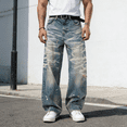 thumbnail image 1 of Men's 100% Cotton Non-Stretch Baggy Jeans - Marble Bleach Wash Distressed Wide-Leg Denim Pants, Streetwear-Inspired Loose Fit Trousers, 1 of 4