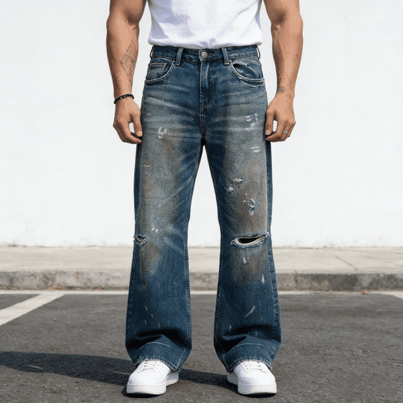 Men's 100% Cotton Non-Stretch Flare Jeans - Distressed Knee Rips & Vintage Wash Wide-Leg Denim Pants, Retro Bootcut Trousers for Casual Street Style