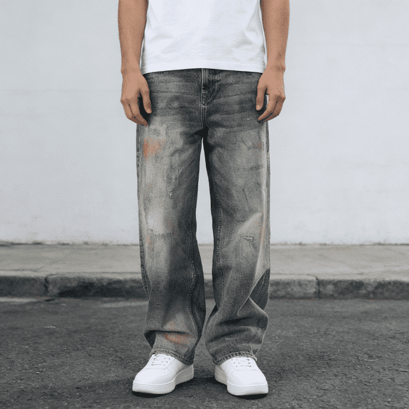 Men's 100% Cotton Non-Stretch Jeans, Baggy Fit Distressed Denim Pants with Vintage Fade for Street Style, Durable and Breathable