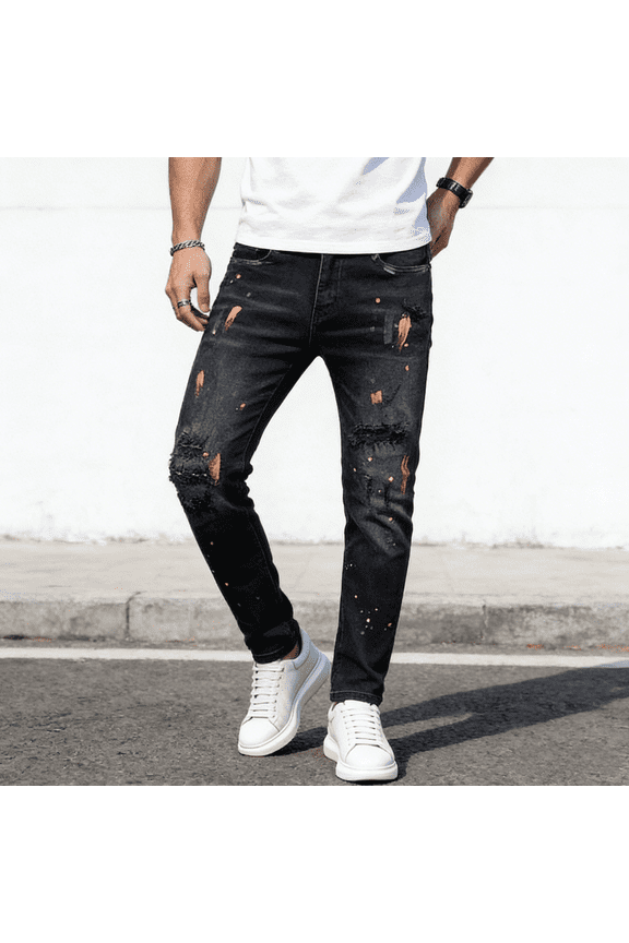 Men's 100% Cotton Non-Stretch Jeans, Black Slim Fit Ripped Denim Pants with Paint Splatter for Street Art Style, Durable and Breathable