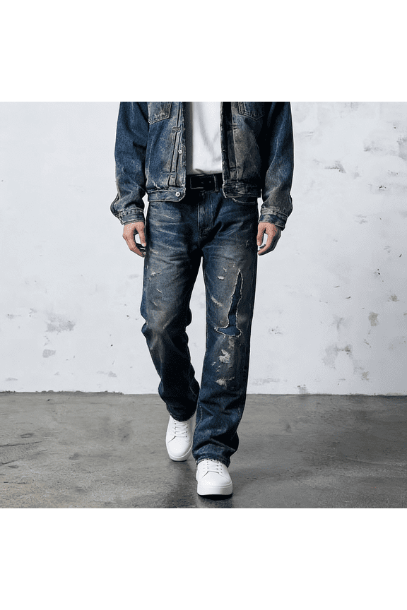 Men's 100% Cotton Non-Stretch Jeans - Distressed Straight Fit Denim Pants for Casual Daily Wear, Heavyweight All-Season Trousers with Vintage Wash