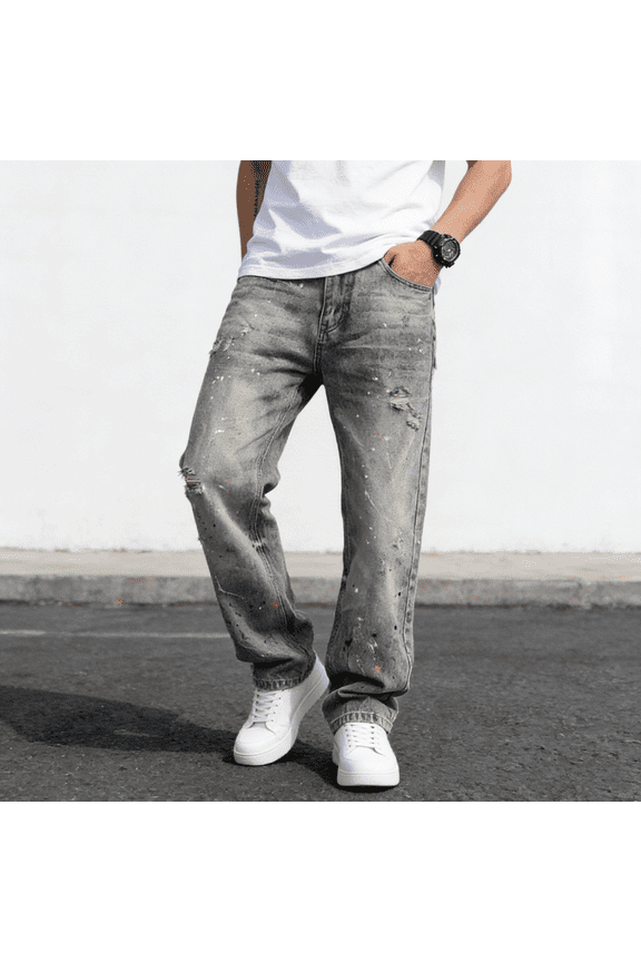 Men's 100% Cotton Non-Stretch Jeans - Paint Splatter & Distressed Gray Wash Straight Leg Denim Pants, Streetwear Casual Trousers for Daily Wear