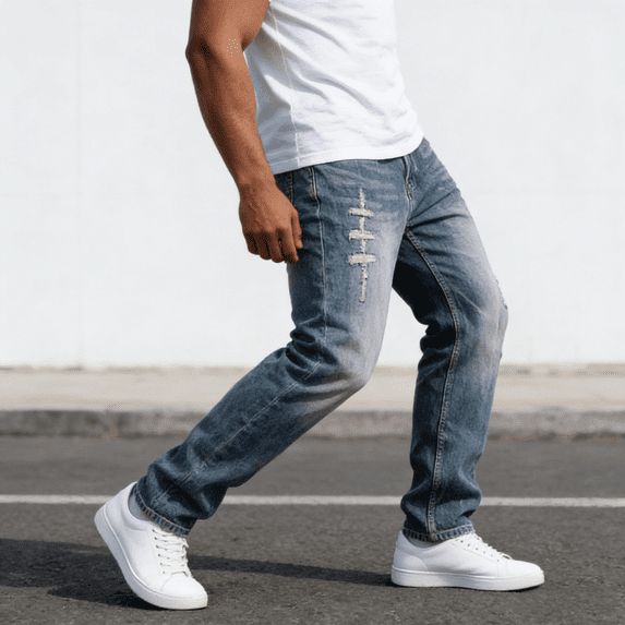 Men's 100% Cotton Non-Stretch Jeans, Slim Fit Ripped Denim Pants with Light Wash for Modern Casual Style, Durable and Breathable